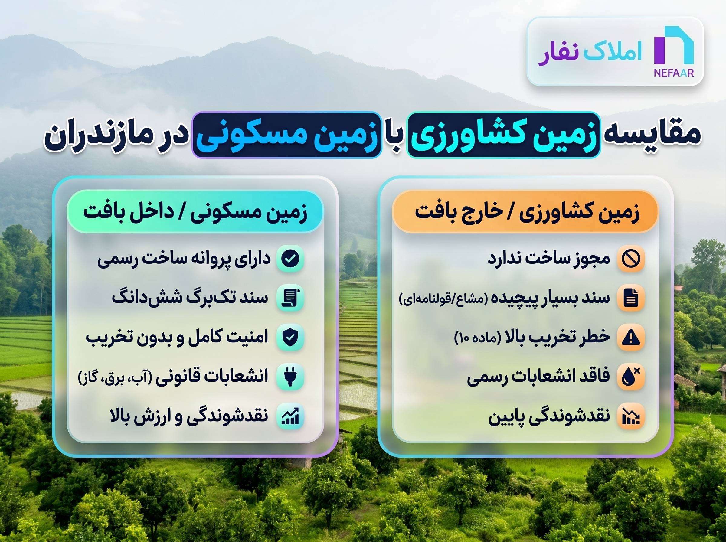 جدول مقایسه زمین کشاورزی خارج بافت با زمین مسکونی داخل بافت در مازندران