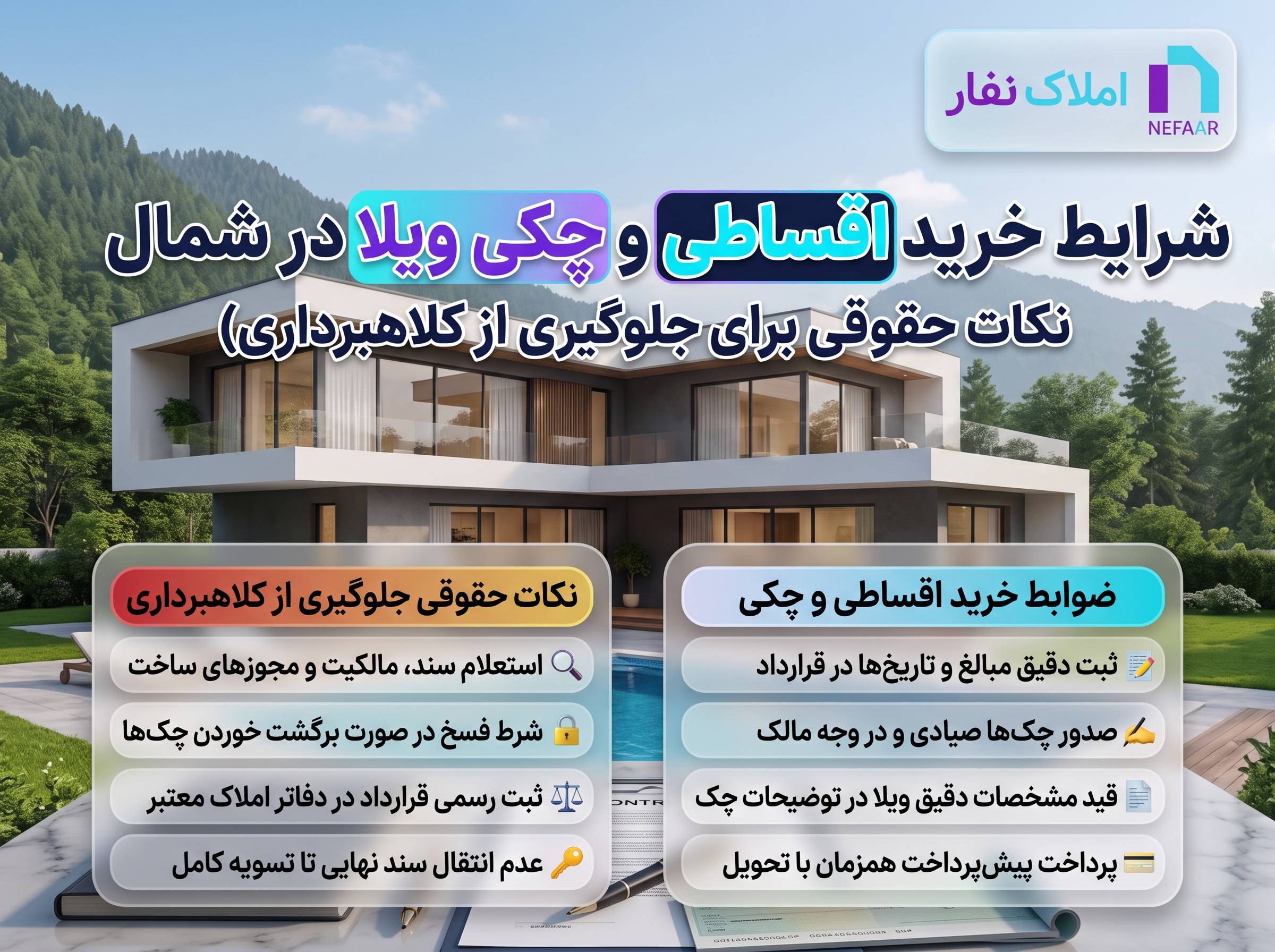 شرایط خرید اقساطی و چکی ویلا در شمال و نکات حقوقی پیشگیری از کلاهبرداری، ثبت قرارداد و چک صیادی در املاک نفار