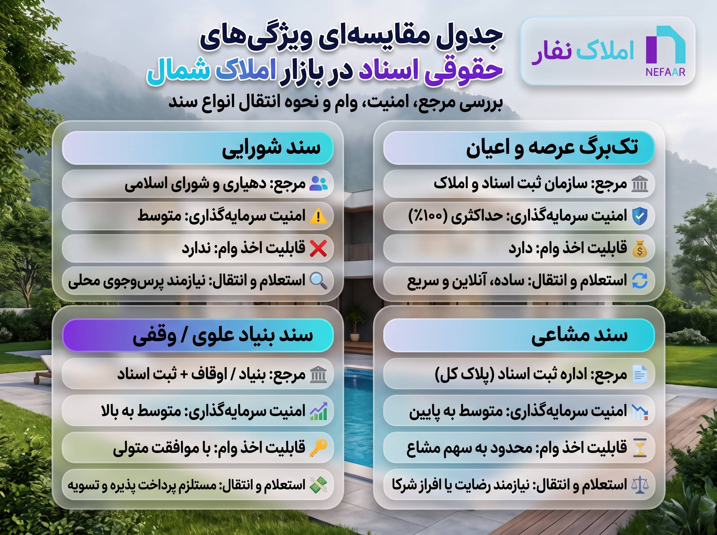 جدول مقایسه حقوقی انواع سند ملکی شمال از نظر مرجع صدور، ضریب امنیت، شرایط دریافت وام و نحوه استعلام و انتقال در املاک نفار